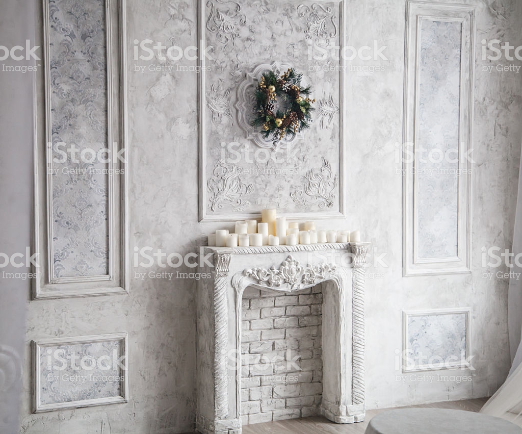 Interior With Grey Fretwork Background Fireplace And Christmas
