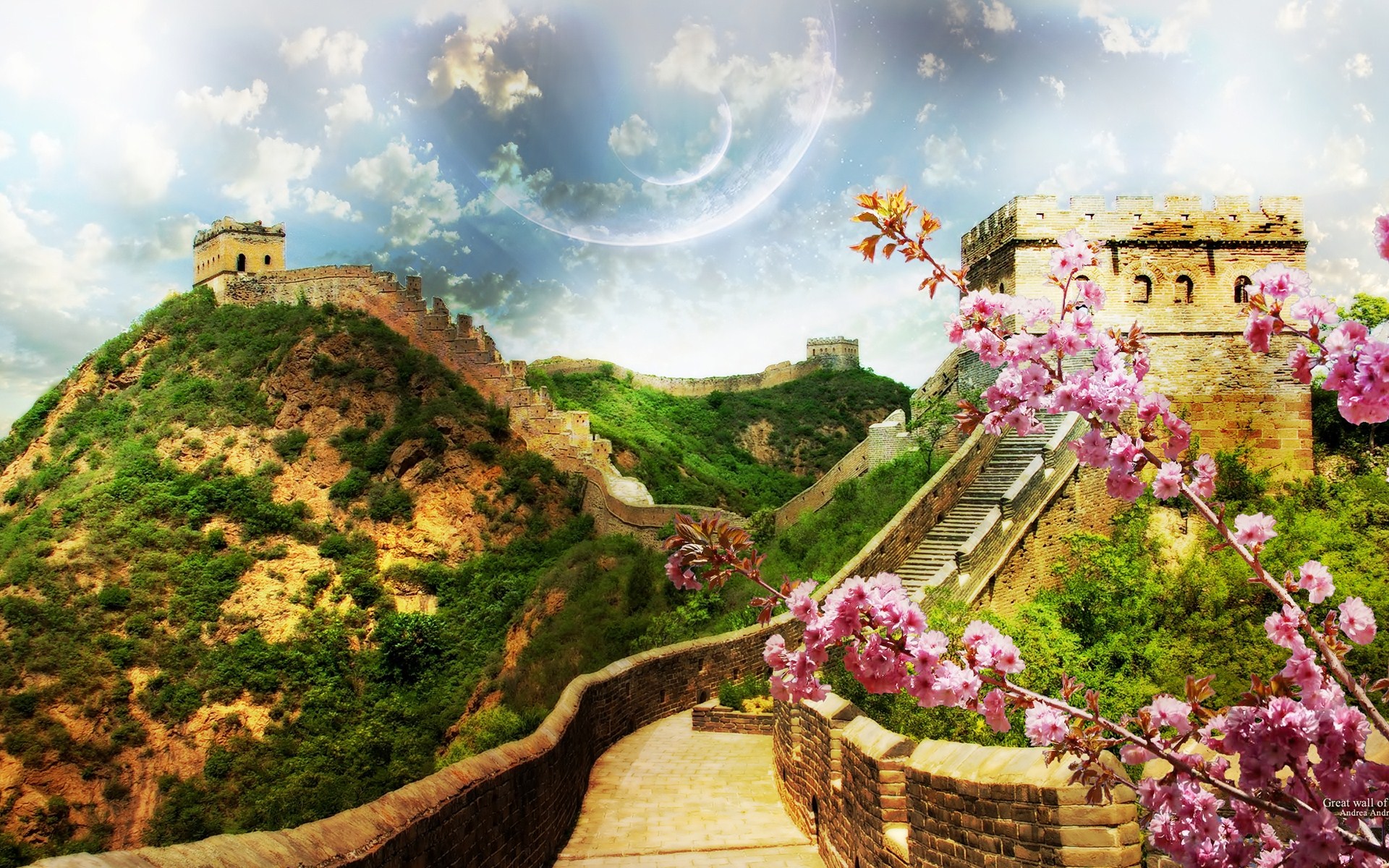 A breathtaking view of the Great Wall of China, winding through lush green hills, under a fantastical sky with a large, swirling planet. Cherry blossoms frame the foreground, adding a touch of vibrant color to the ancient stone