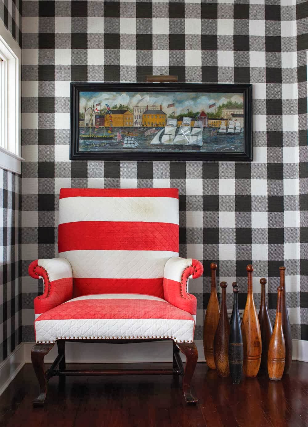 Gingham Black White Wall Covering Wallpaper Upholstered Red