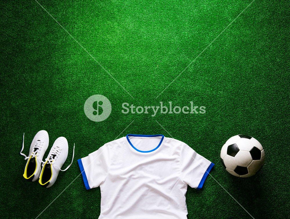 Soccer Ball Cleats White T Shirt Against Artificial Turf Studio