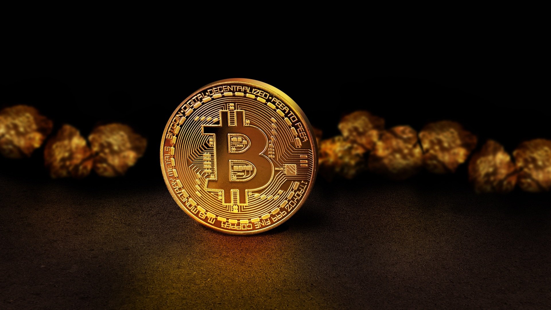 A gleaming Bitcoin coin stands prominently against a backdrop of raw gold nuggets, symbolizing the cryptocurrency's digital scarcity and value