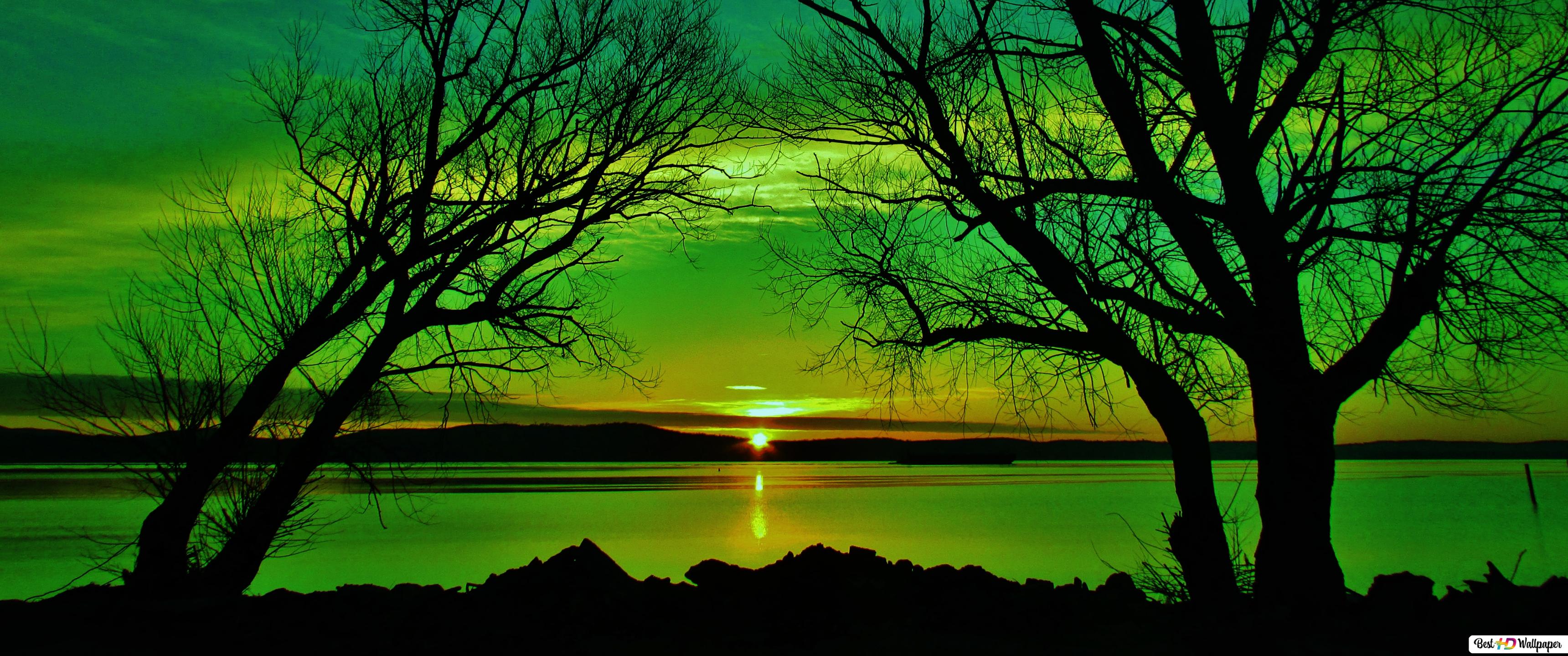 Green Sunset on Lake HD wallpaper download   Lakes wallpapers 3440x1440