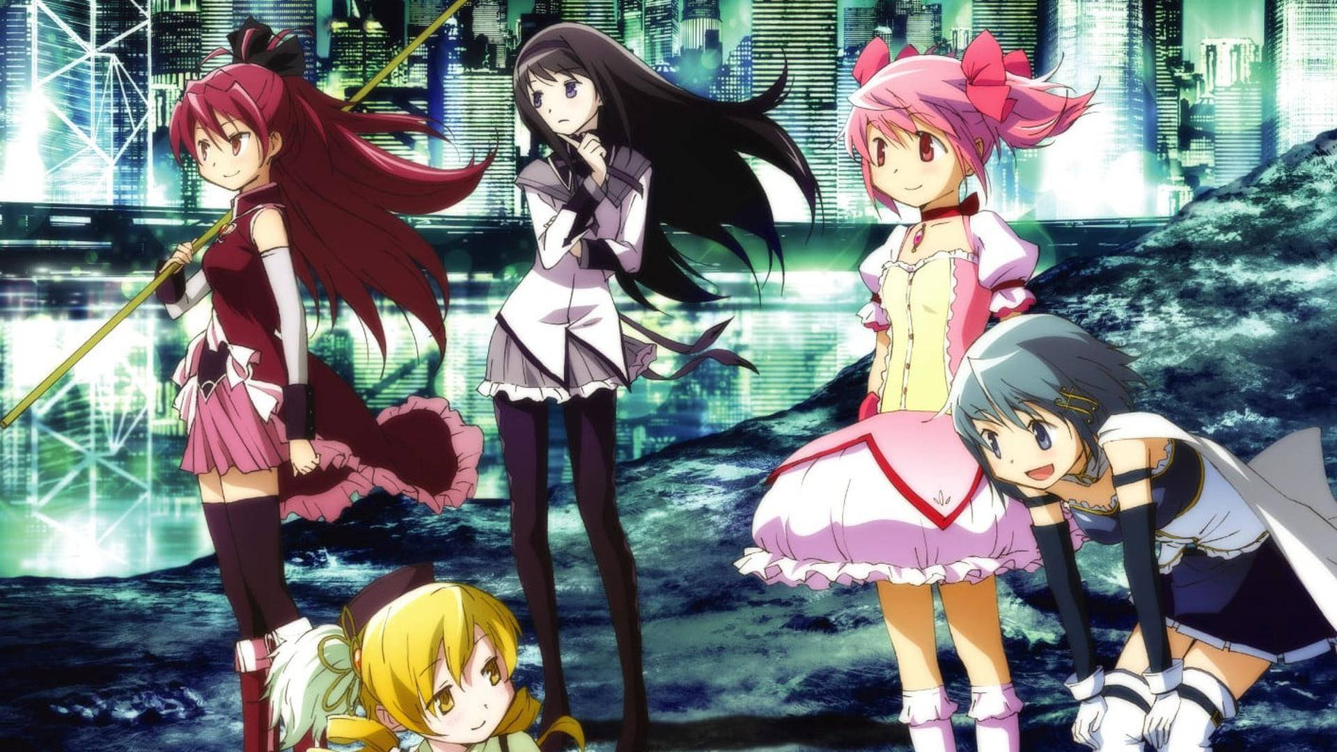 Madoka Magica Characters In City Qgbf6m8chofgtr0i Wallpaper