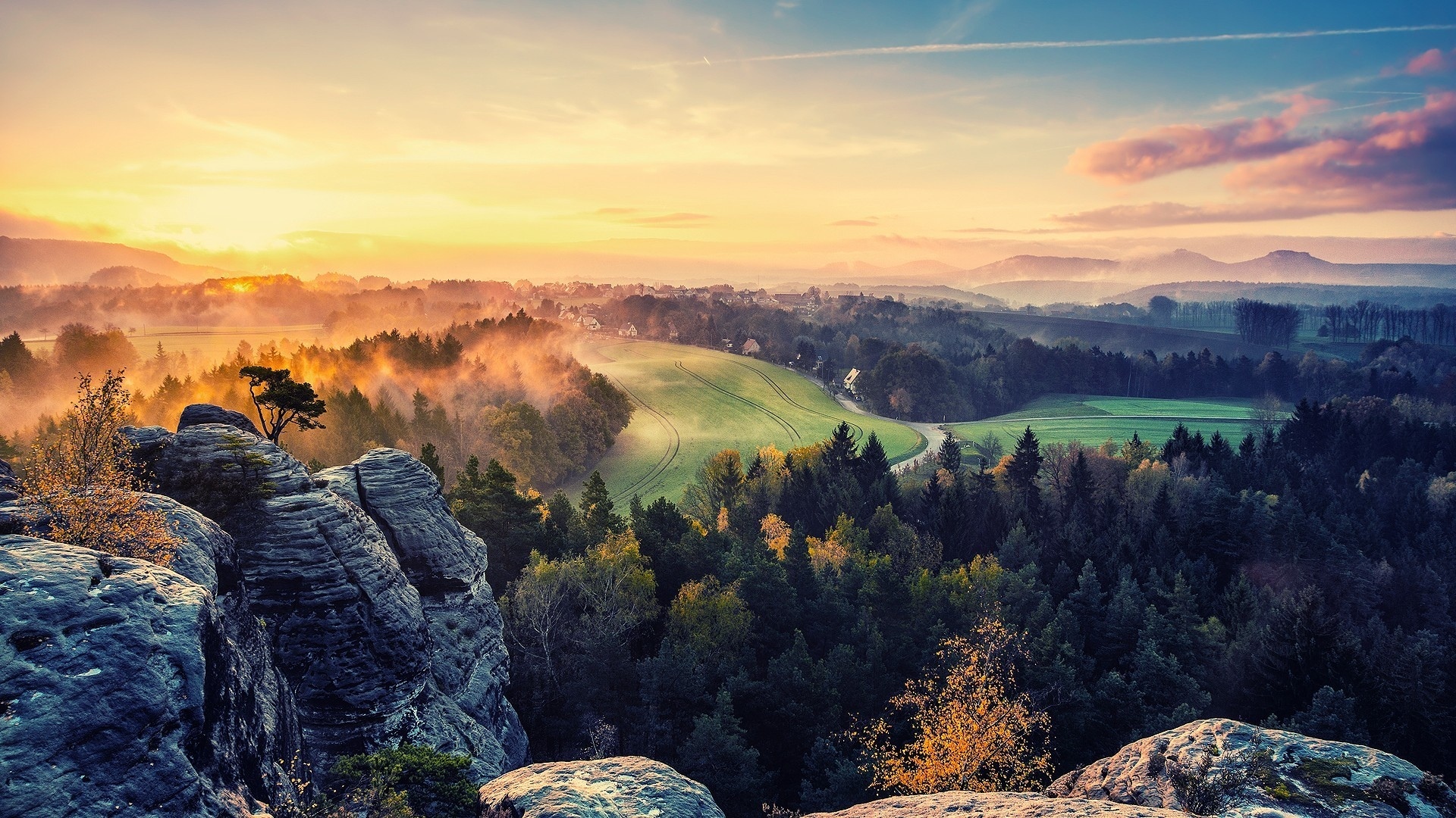 Sunset Sunrise Sky Trees Fog Autumn Fall Wallpaper