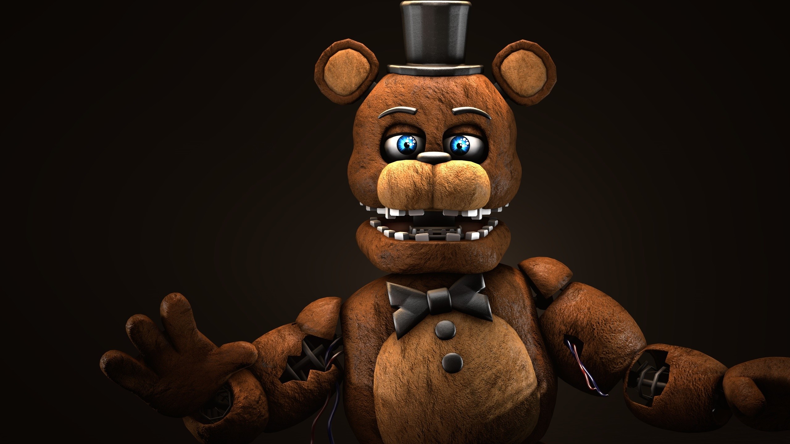 A close-up render of Freddy Fazbear from Five Nights at Freddy's, showcasing his animatronic details and expressive blue eyes against a dark background