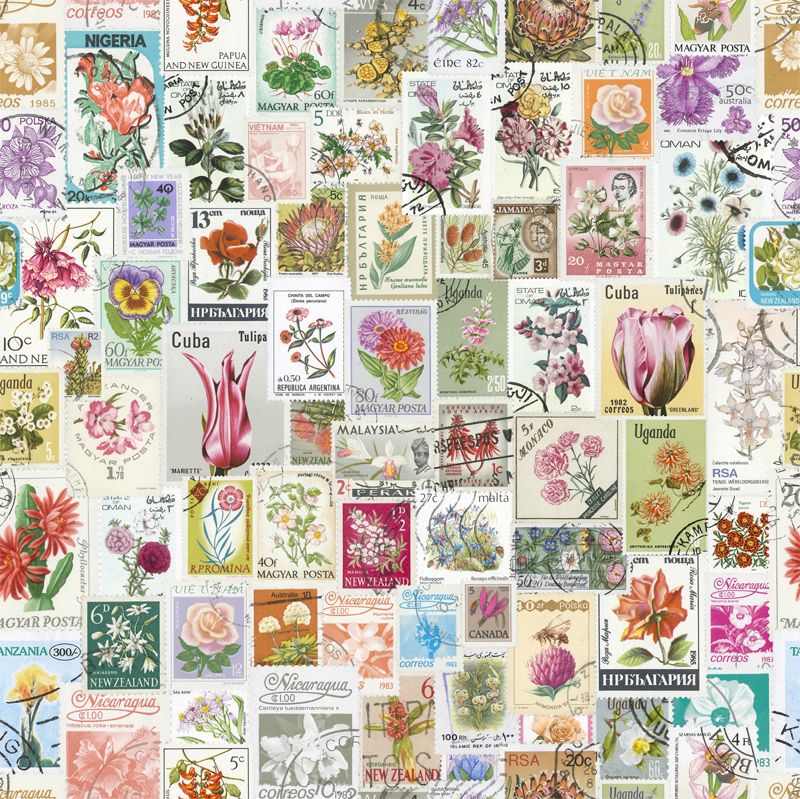 Vintage Flower Stamps Postage Stamp Art Doll House Wallpaper