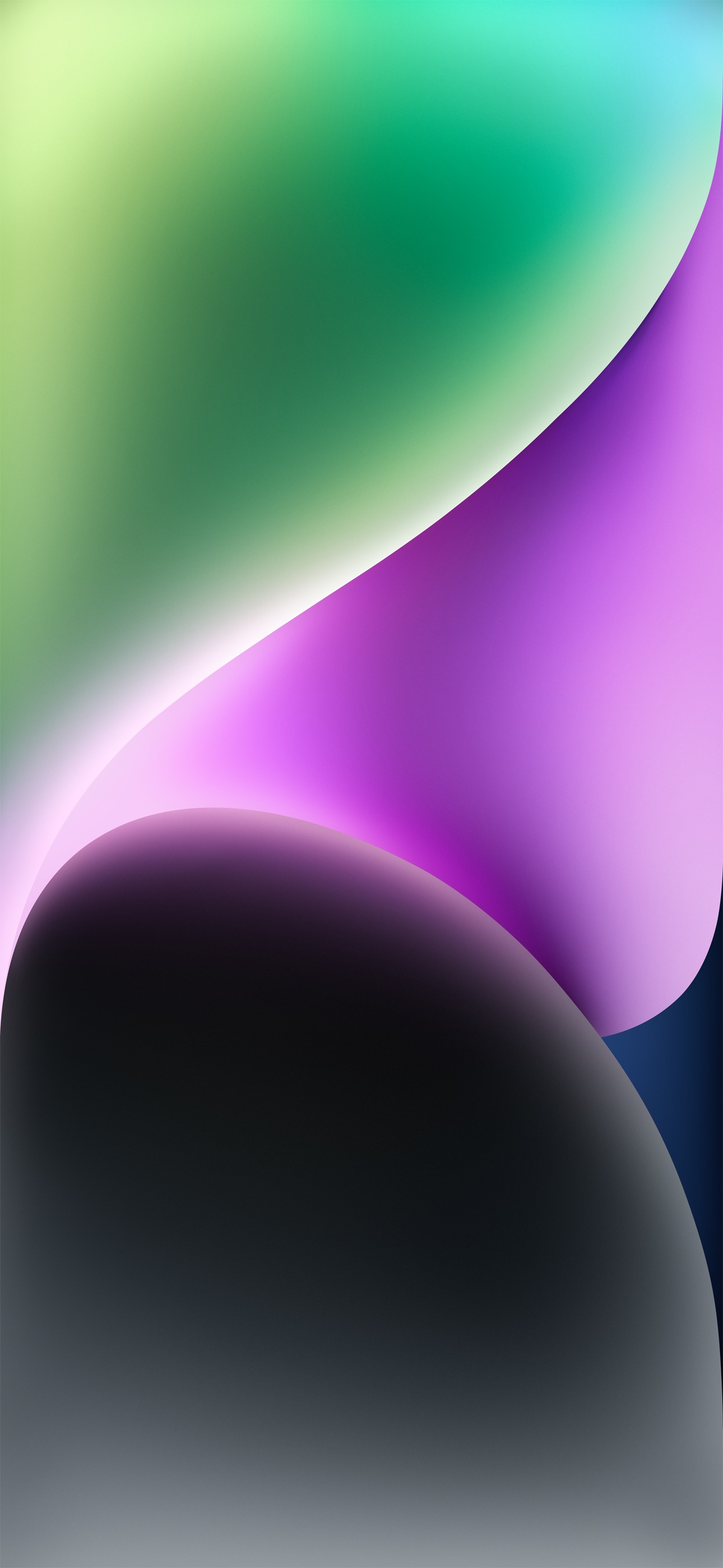 Abstract iPhone 14 Pro Max wallpaper with flowing shapes and gradients of green, purple, and black