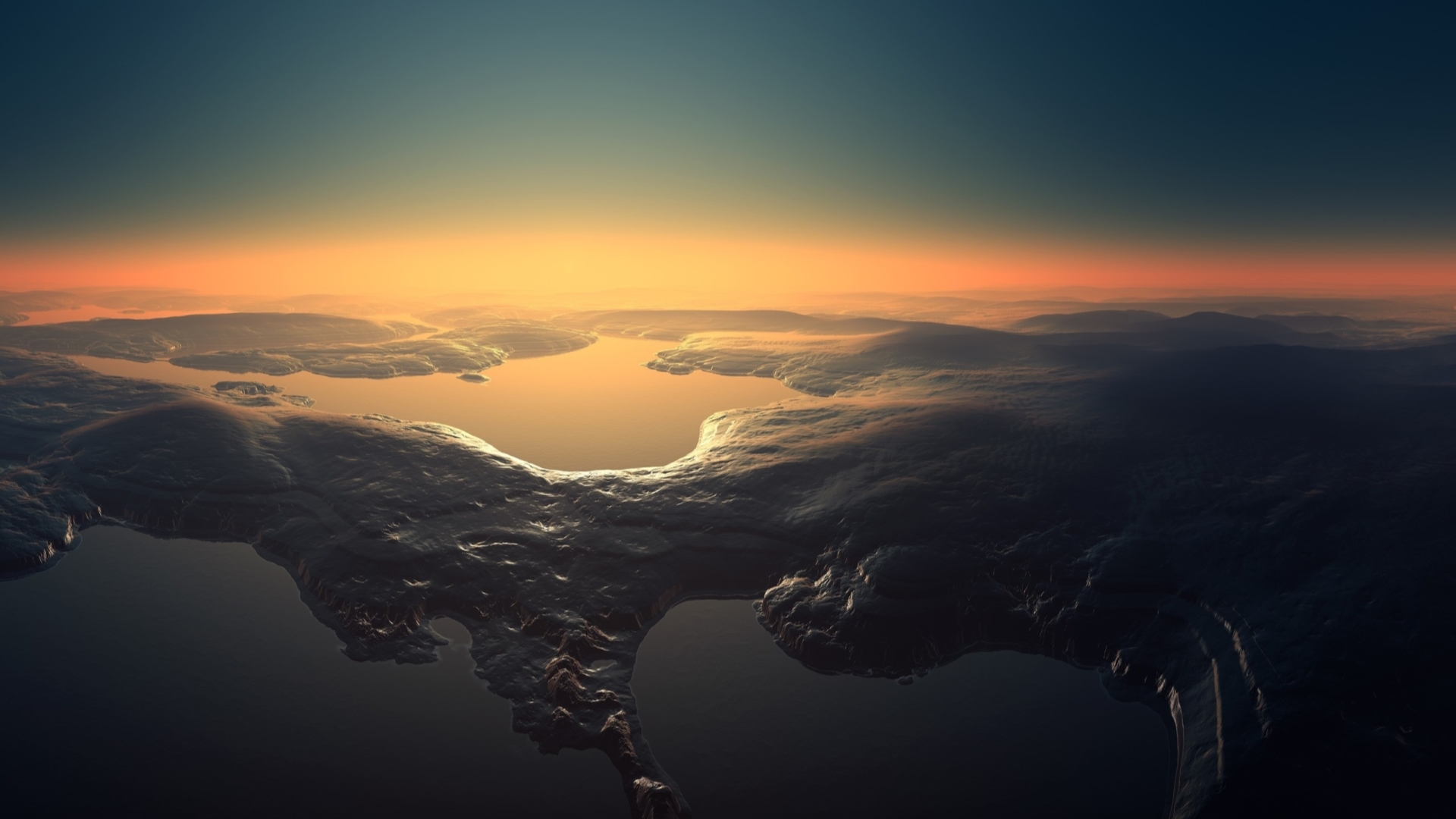 Aerial view of a dramatic fjord landscape at sunset, suitable for a MacBook wallpaper