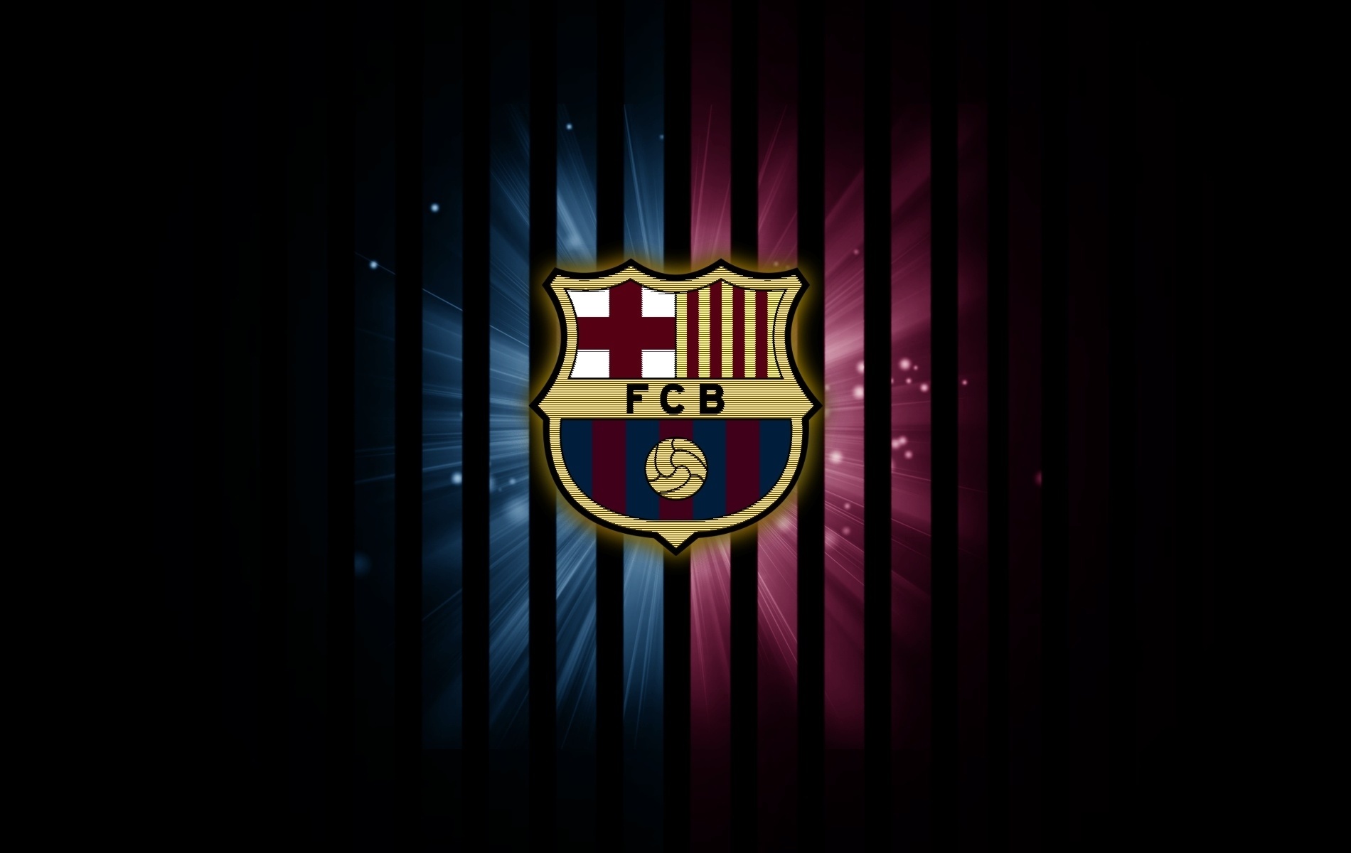 Barcelona FC logo on a vibrant, dynamic background with vertical stripes in blue and maroon radiating outwards, giving a sense of energy and motion