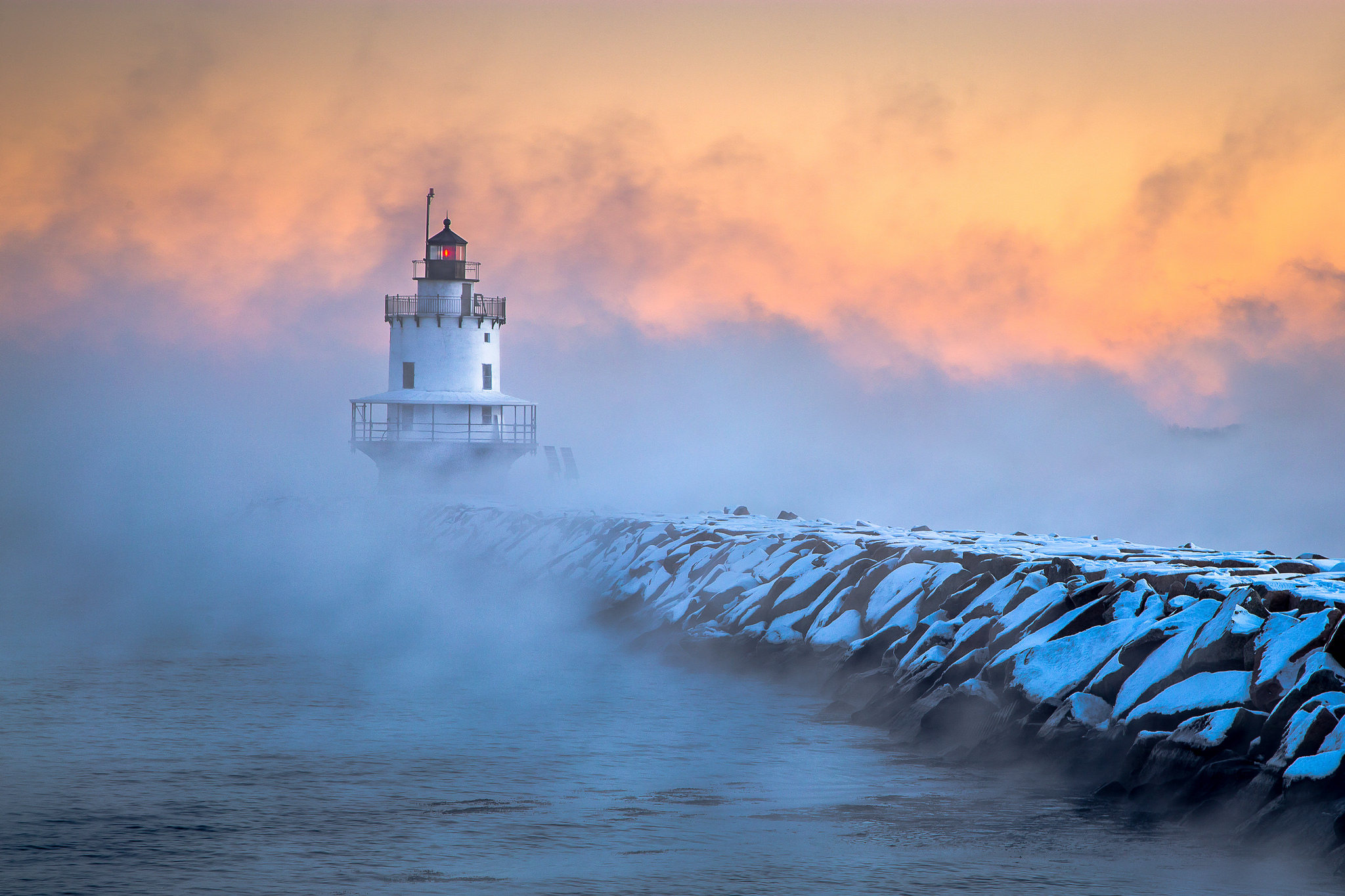 Portland Maine Pier Lighthouse Frost Morning Dawn Wallpaper