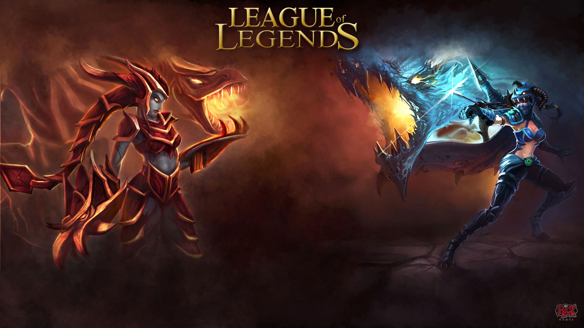 League of Legends Champions Shyvana and Anivia facing off, representing fire versus ice