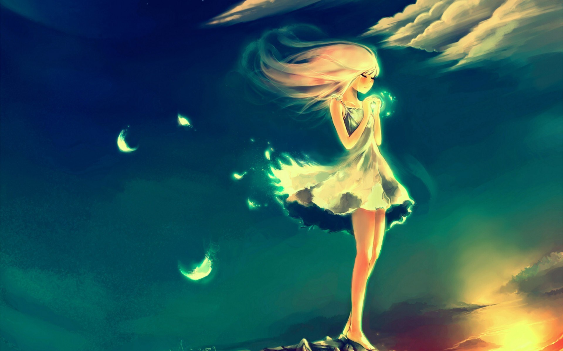 Feather Anime Art Sky Manga Night Desktop Angel Wallpaper