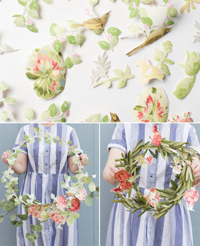 how to make a wreath from floral wallpaper scraps