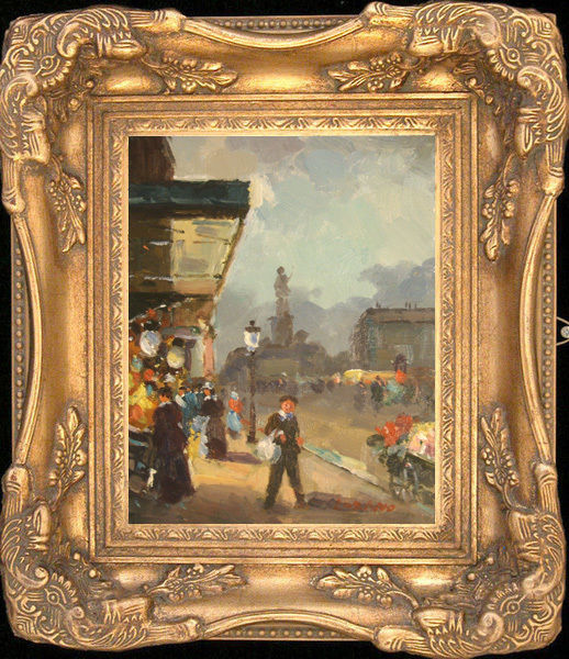 19th Century Paris Street Scene Oil Painting Wood Frame