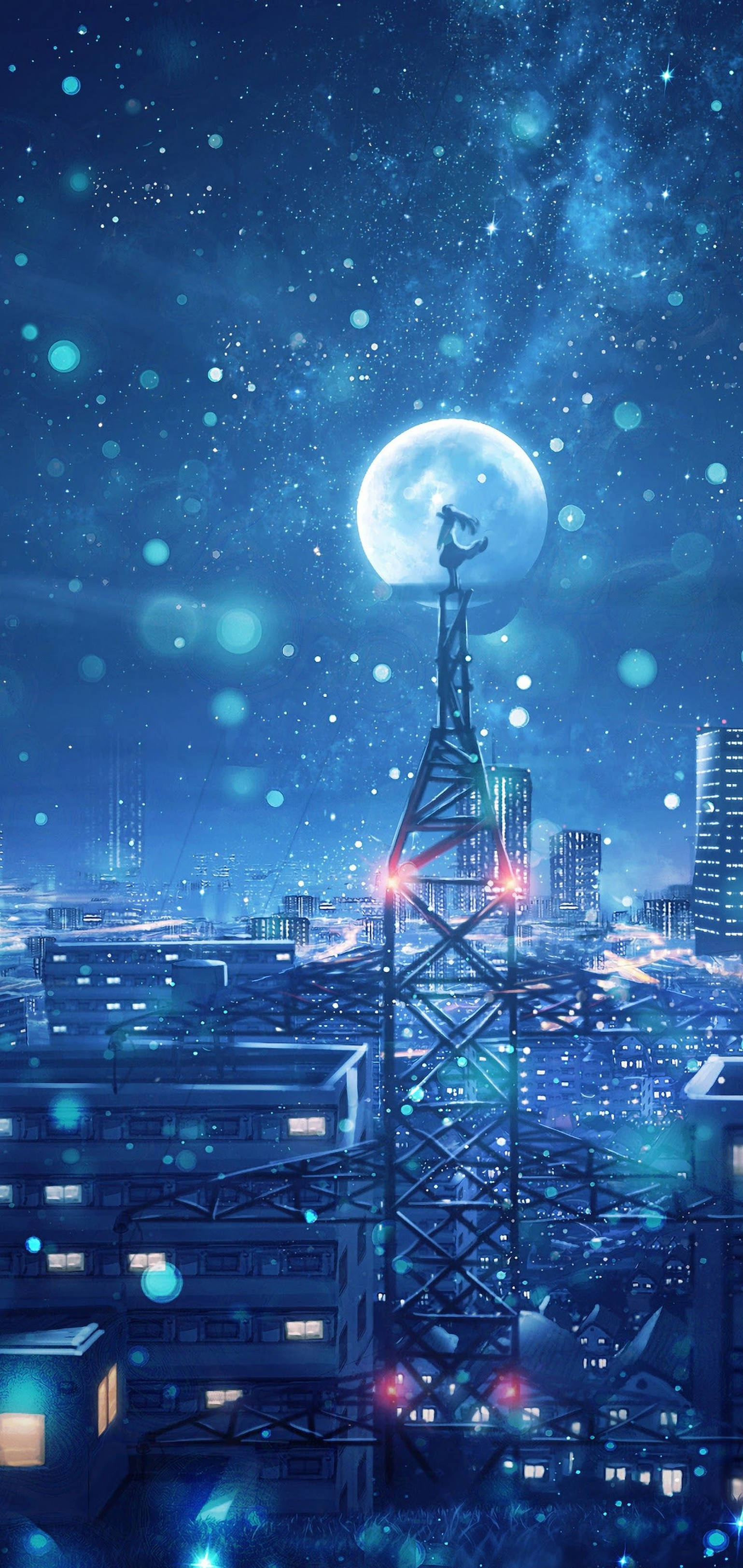 Anime girl silhouette against a large moon in a 4k anime cityscape wallpaper