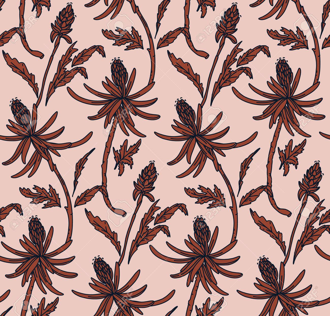 Floral Botanical Line Art Seamless PatternRetro Nature Wallpaper