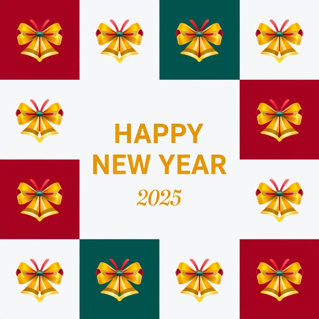 Happy New Year 2025 greeting card with golden jingle bells on a festive red and green checkered background
