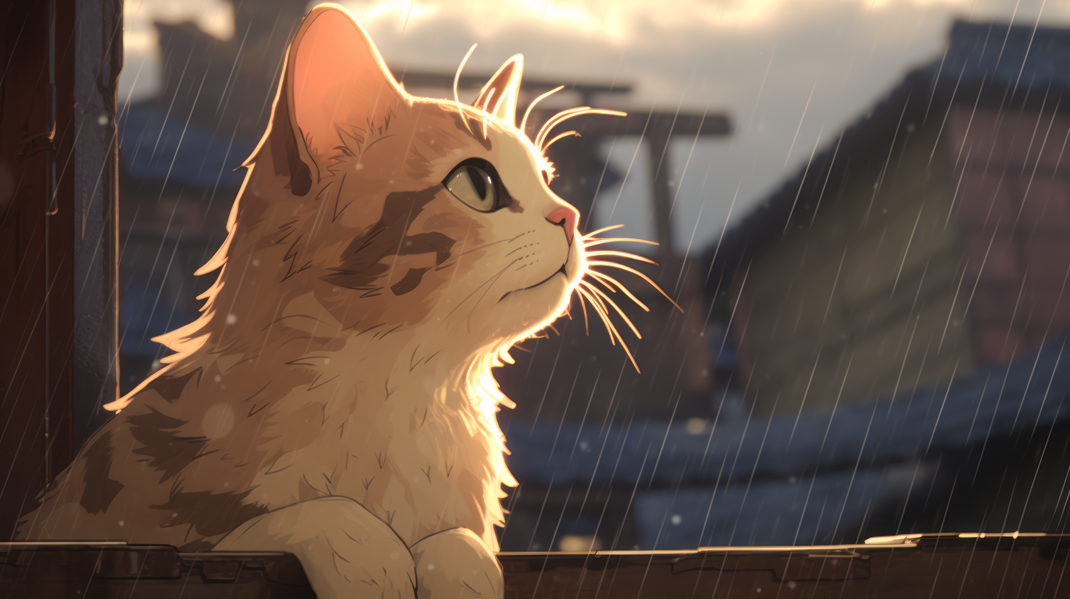 Lofi Style Anime Cat With Rain Wallpaper By Patrika