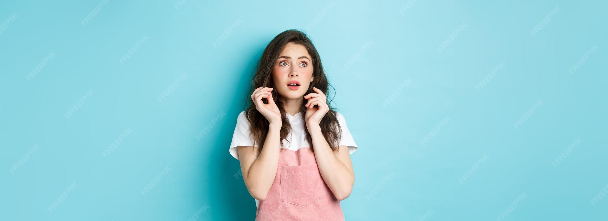 Portrait Scared Timid Girl Summer Clothes Looking Frightened Copy Space Banner Jumping From Wallpaper