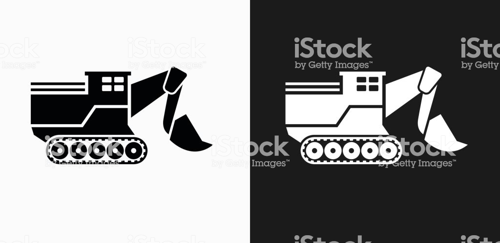 Bulldozer Icon On Black And White Vector Background Stock