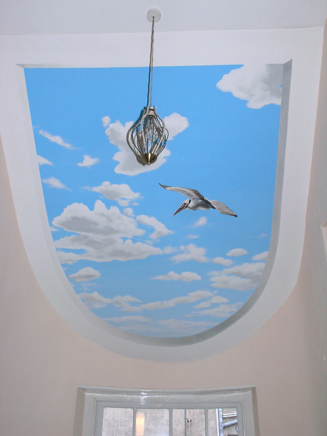 Pelican Sky Mural On Sloped Stairwell Ceiling Light Fitting Has Since