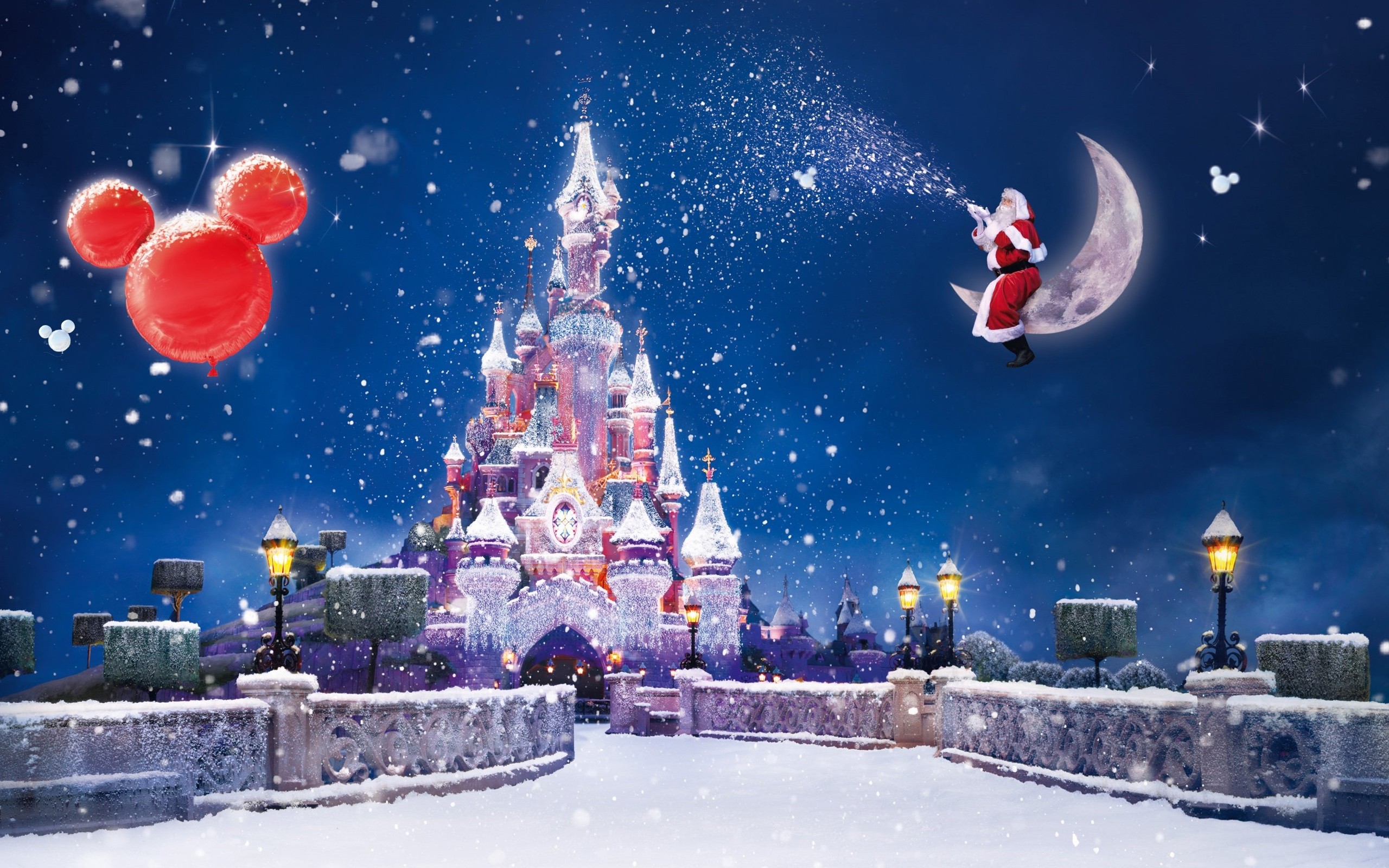 Santa Claus flying over a snowy Disneyland castle on a crescent moon, spreading Christmas magic with a Mickey Mouse balloon in the sky