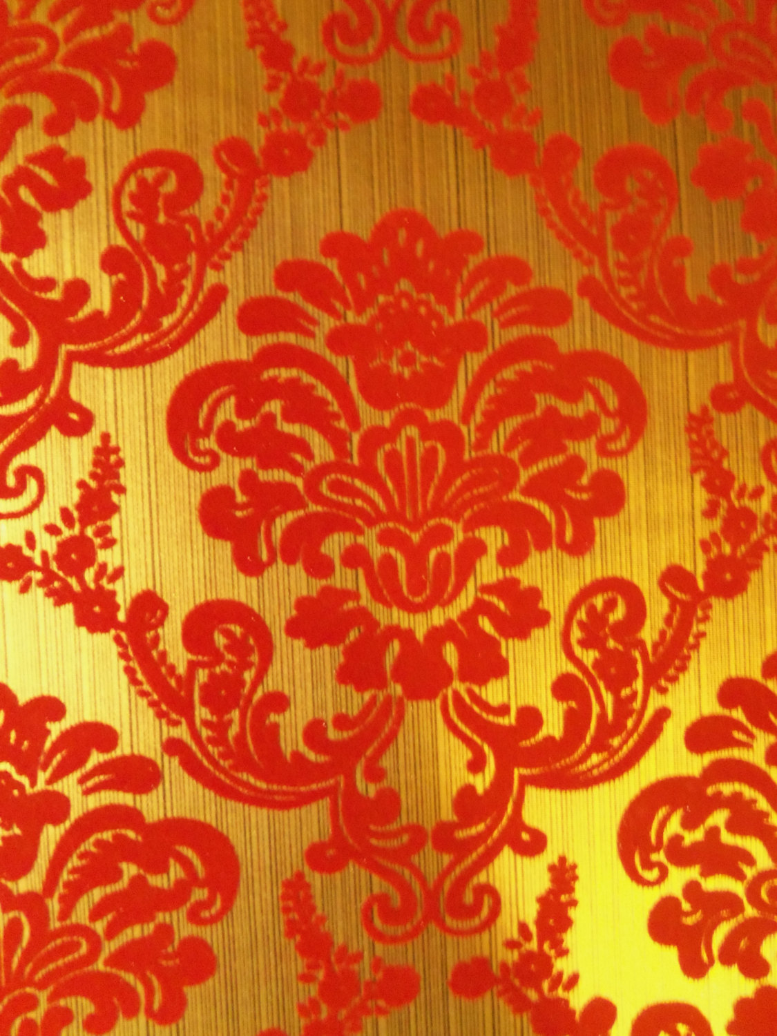 Vintage Red Flocked and Gold Metallic Wallpaper by berryetsy 1125x1500