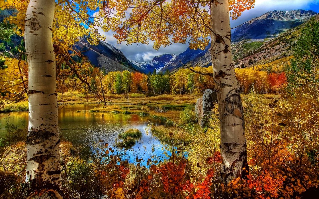 Autmn Fall Seasons Lakes Leaves Reflection Mountains Colors HDr