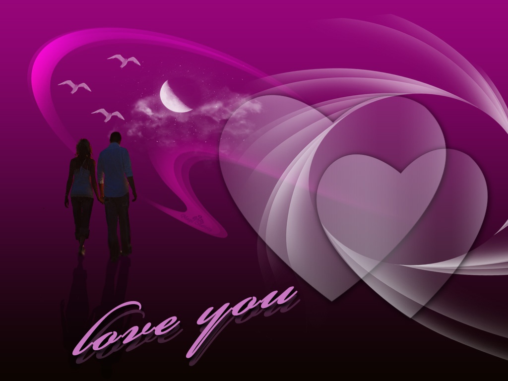 A silhouette of a couple holding hands, walking towards a dreamy, purple sky with a crescent moon, birds, and translucent hearts. Perfect for Valentine's Day or expressing romantic love