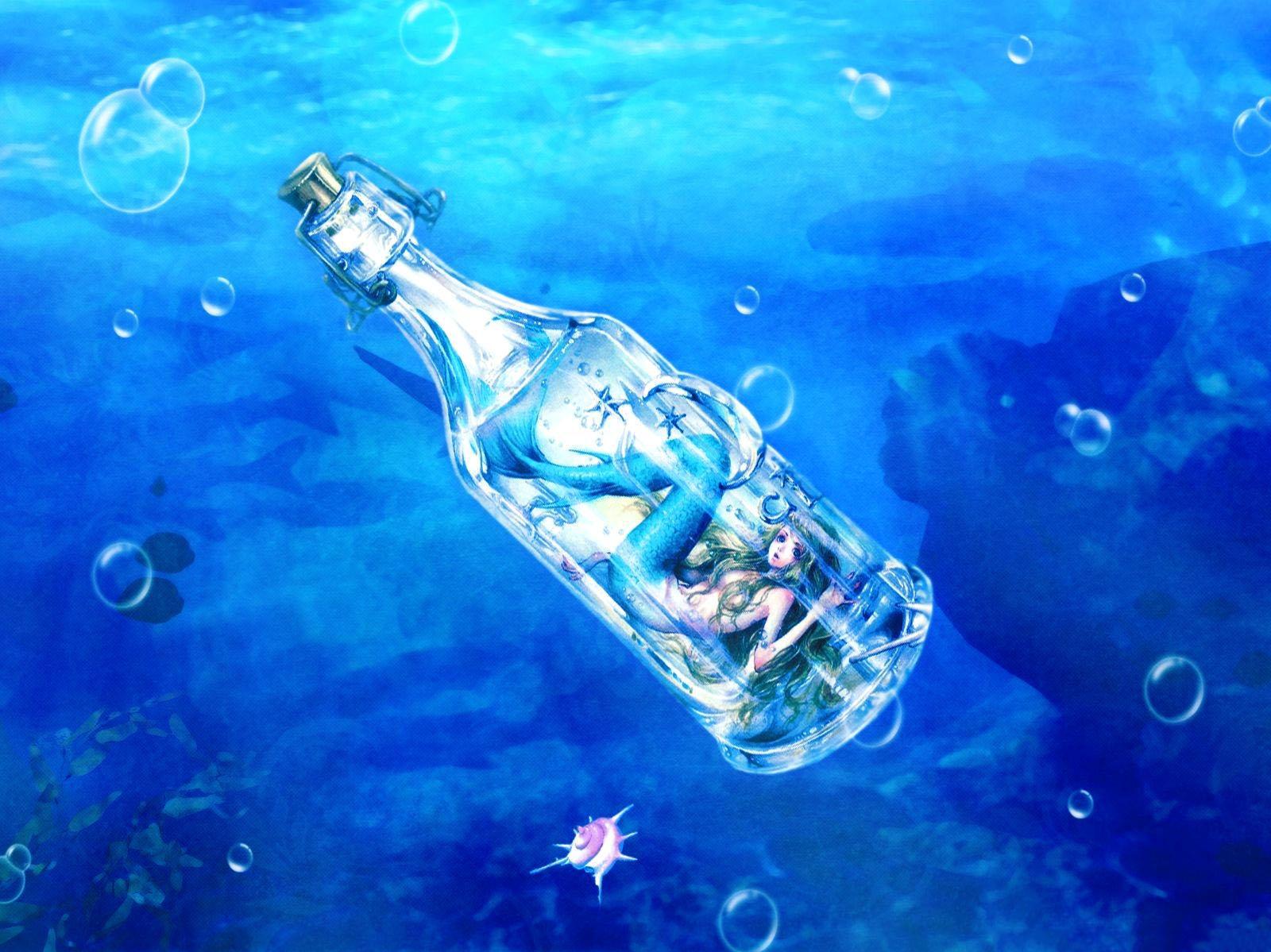Blue Mermaid Captured In A Bottle The Ocean HD Wallpaper