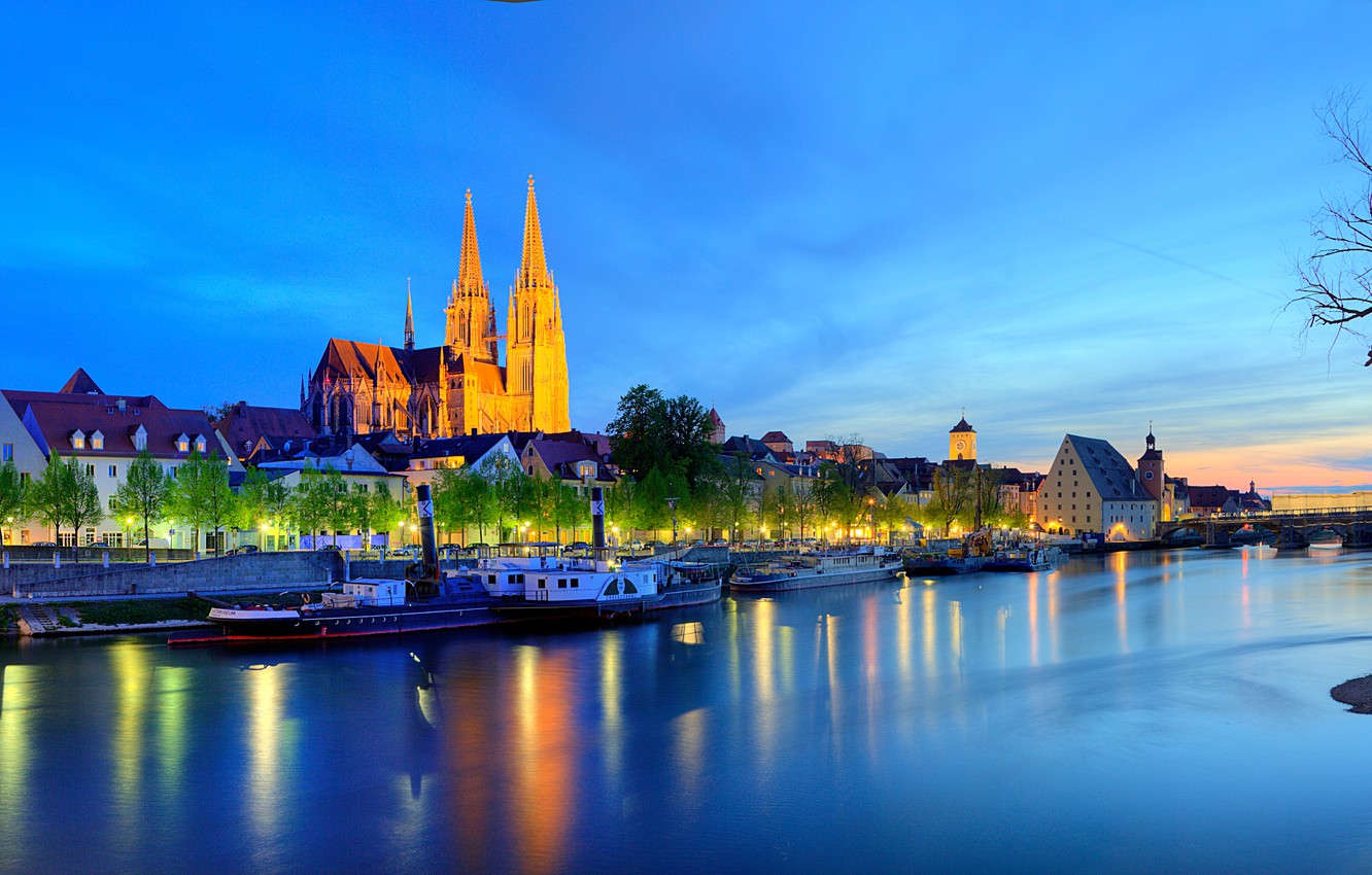 Wallpaper Night Lights River Home Germany Bayern Regensburg