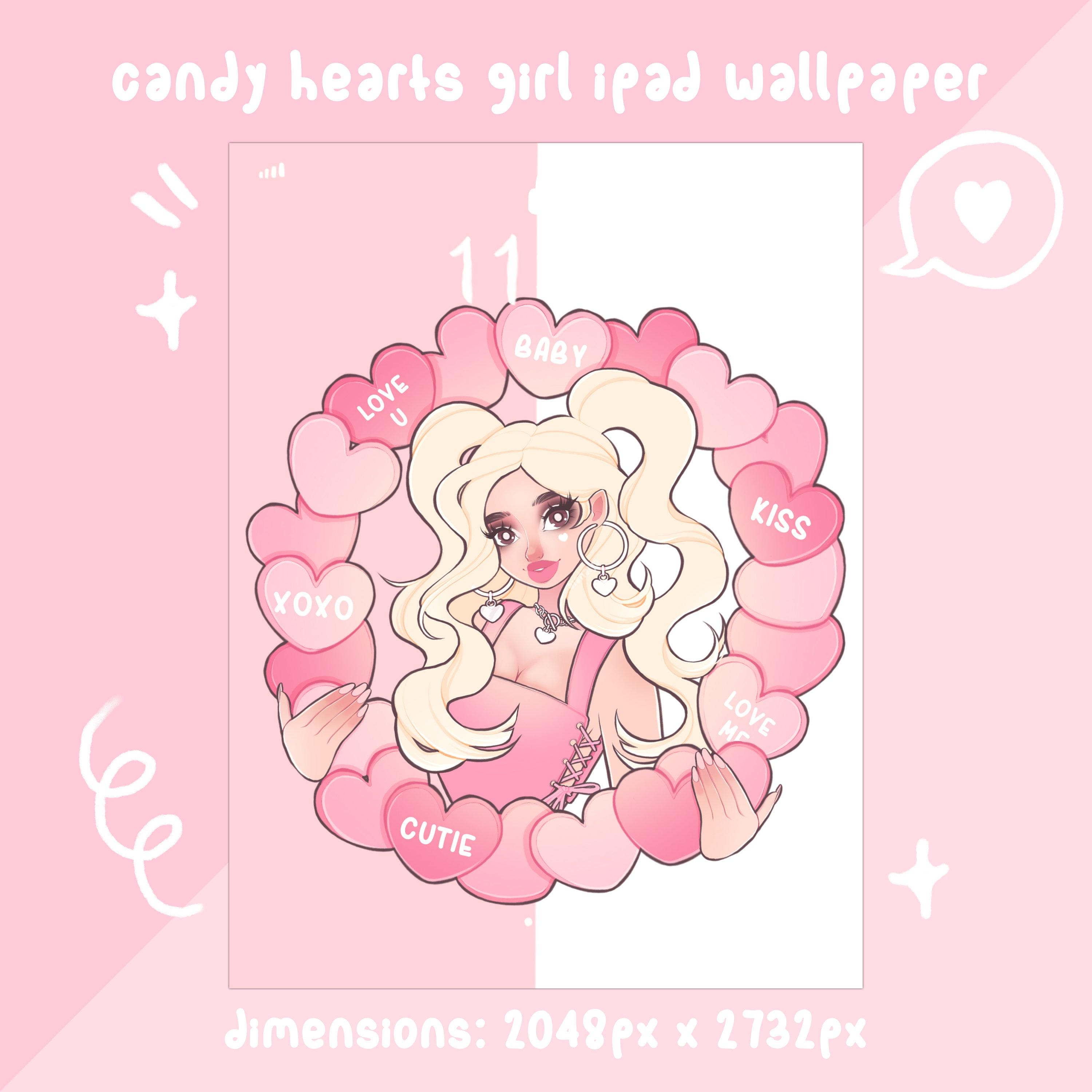 Candy Hearts Girl Pink Aesthetic iPad Wallpaper Ios Android
