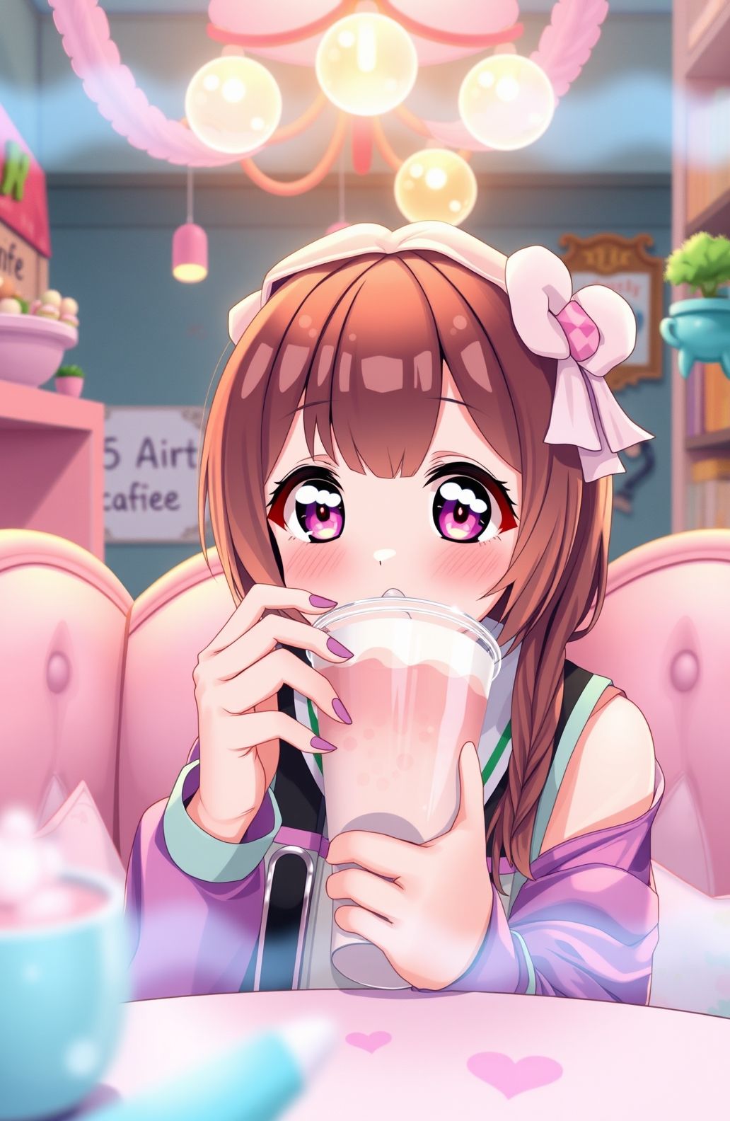Cute Anime Girl Drinking Boba Wallpaper