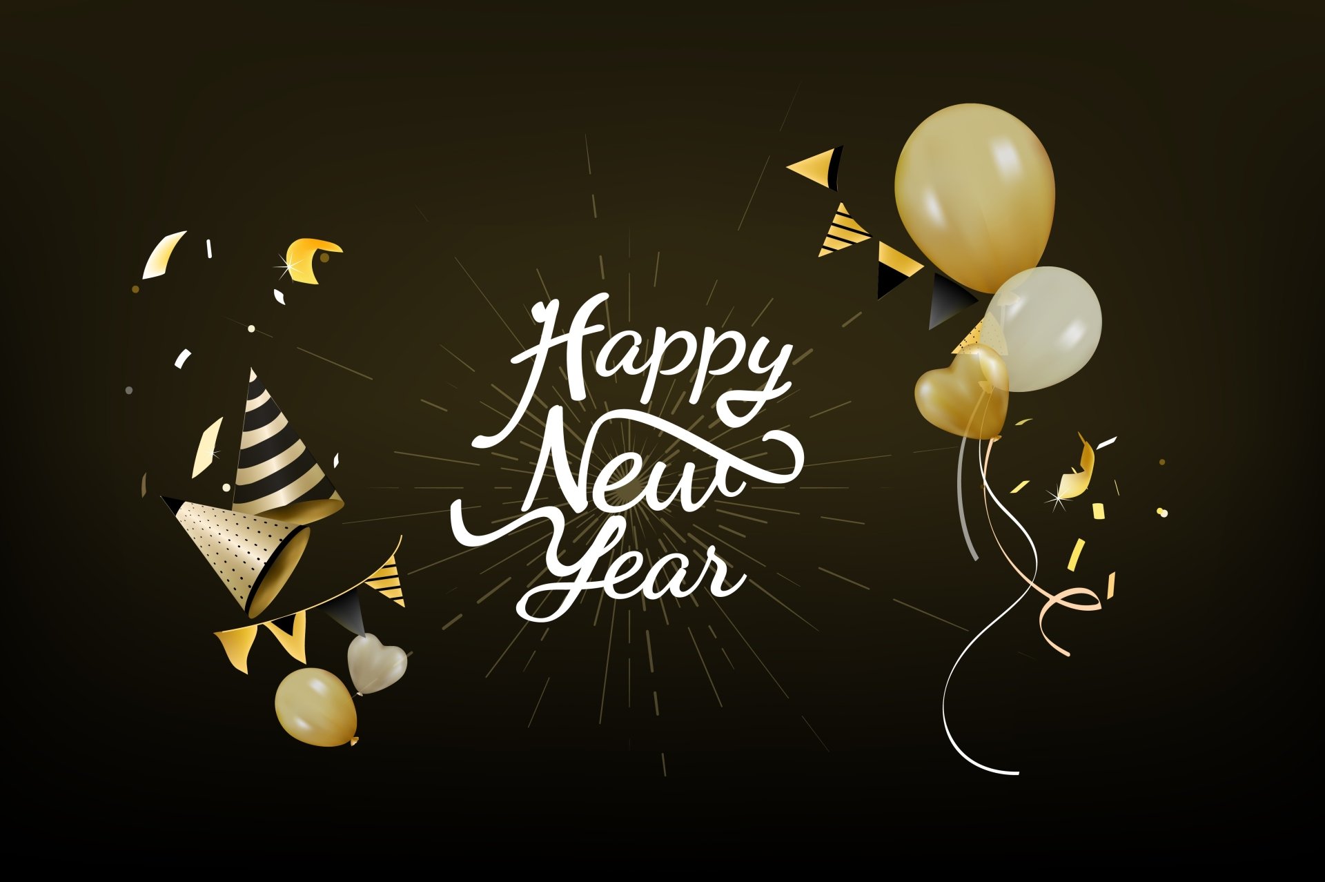 Happy New Year greeting on a dark background with gold and white balloons, party hats, and confetti