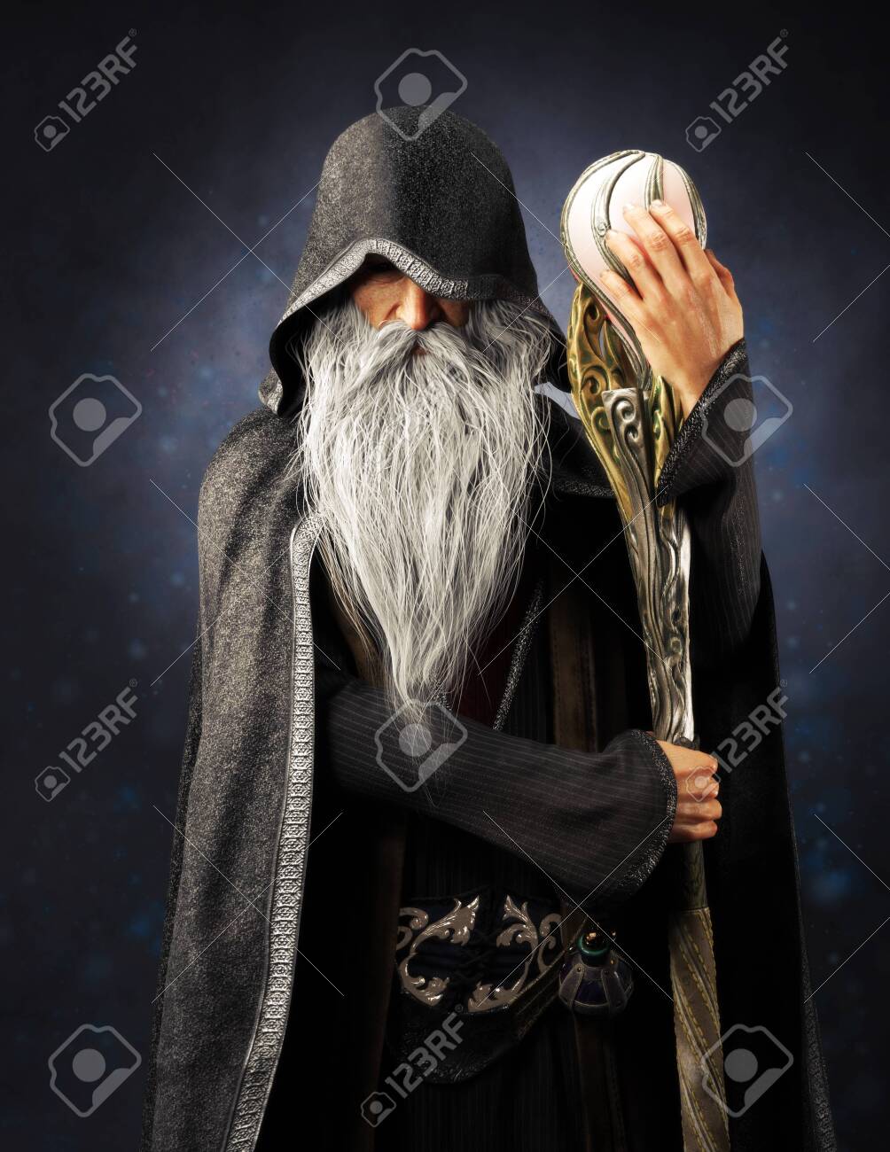 Evil Warlock Old Hooded Wizard Posing With Staff On A Blue