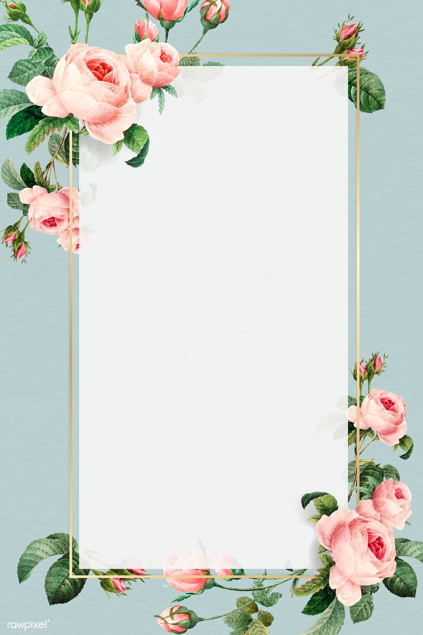 Golden Rectangle Frame Design With Pink Roses On Blue Background Wallpaper