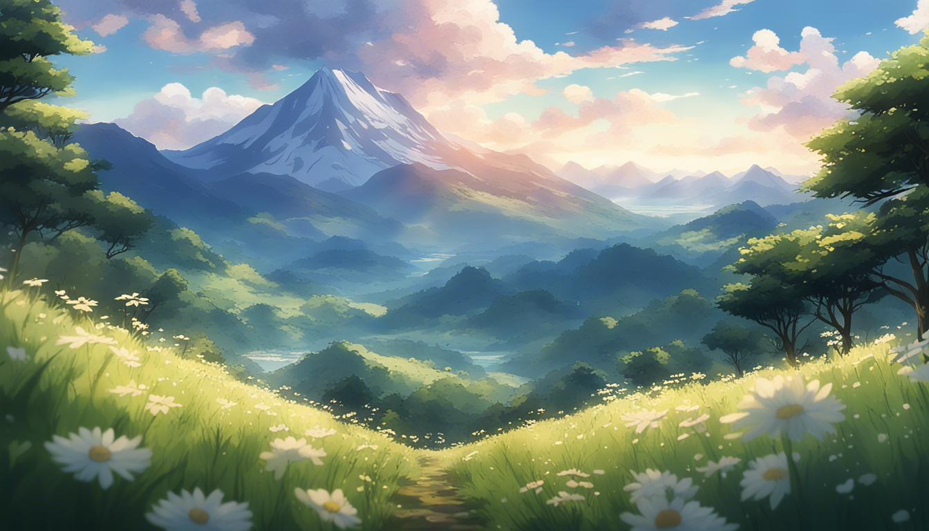 A Breathtaking Anime Scenery Wallpaper Featuring Serene Mountain Landscape Bathed In The Soft Light Of Setting Sun Include Lush Green Trees Blooming Wildflowers And Clear Blue Sky Dotted With Fluffy White Clouds Scene Should Evoke Sense Peace Tranquility Perfect For Adding Touch Nature Inspired Beauty To Your Digital Space
