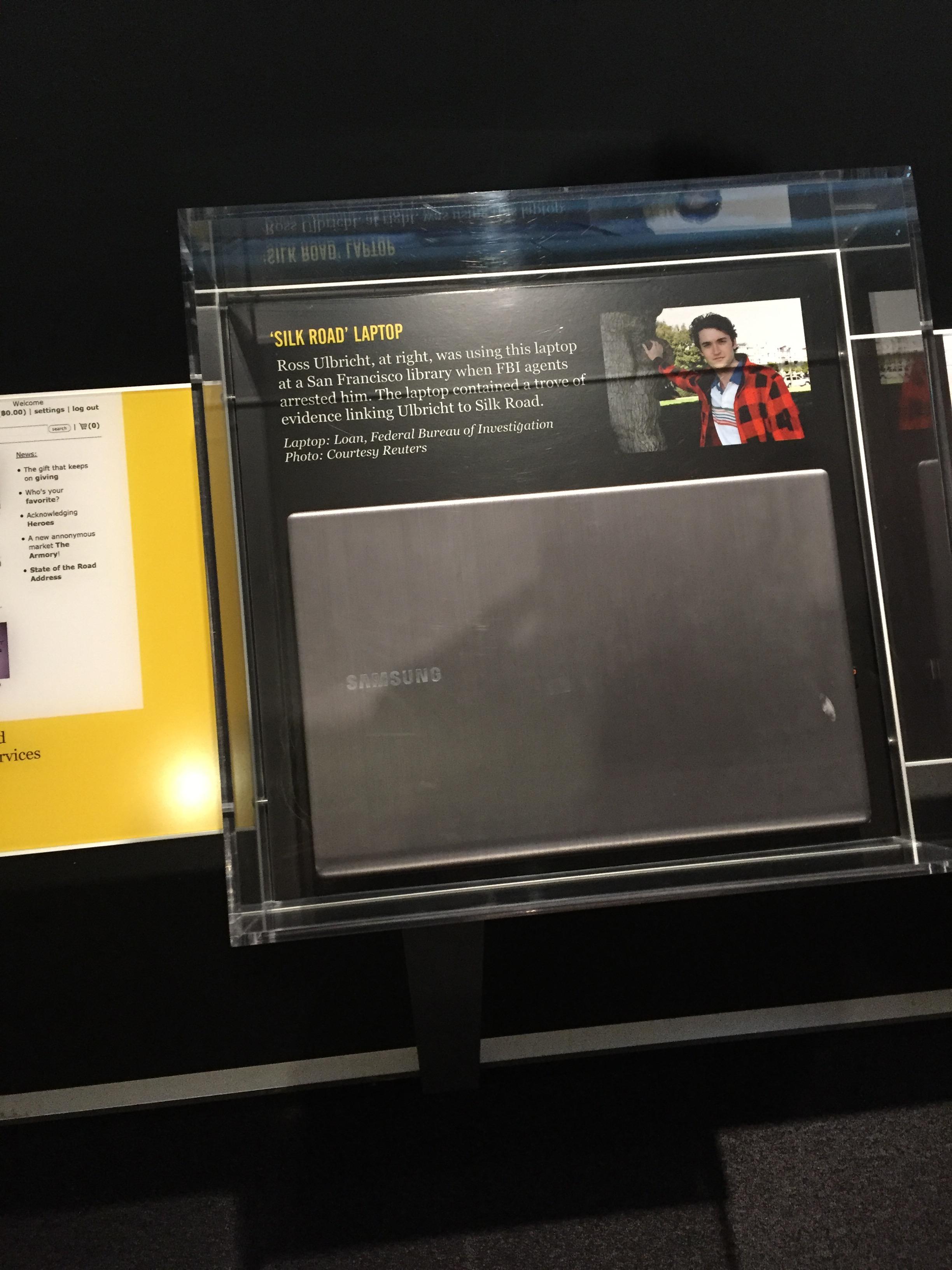 Ross Ulbricht's Samsung laptop, seized by the FBI, displayed in an exhibit. This laptop was crucial evidence in the Silk Road case