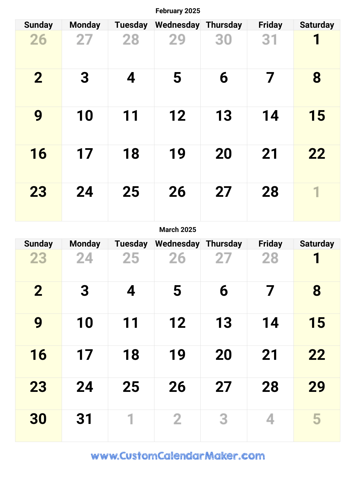 February 2025 calendar with two months displayed, February and March. Useful for planning and scheduling