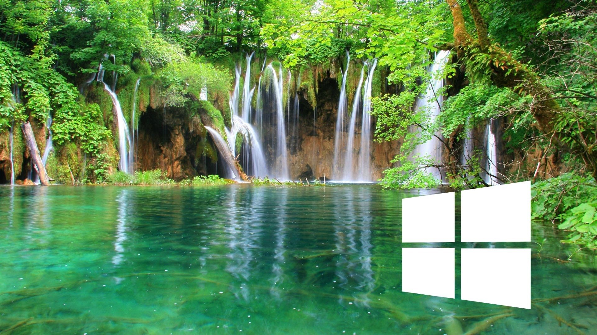 Windows 10 on a waterfall simple white logo wallpaper   Computer 1366x768