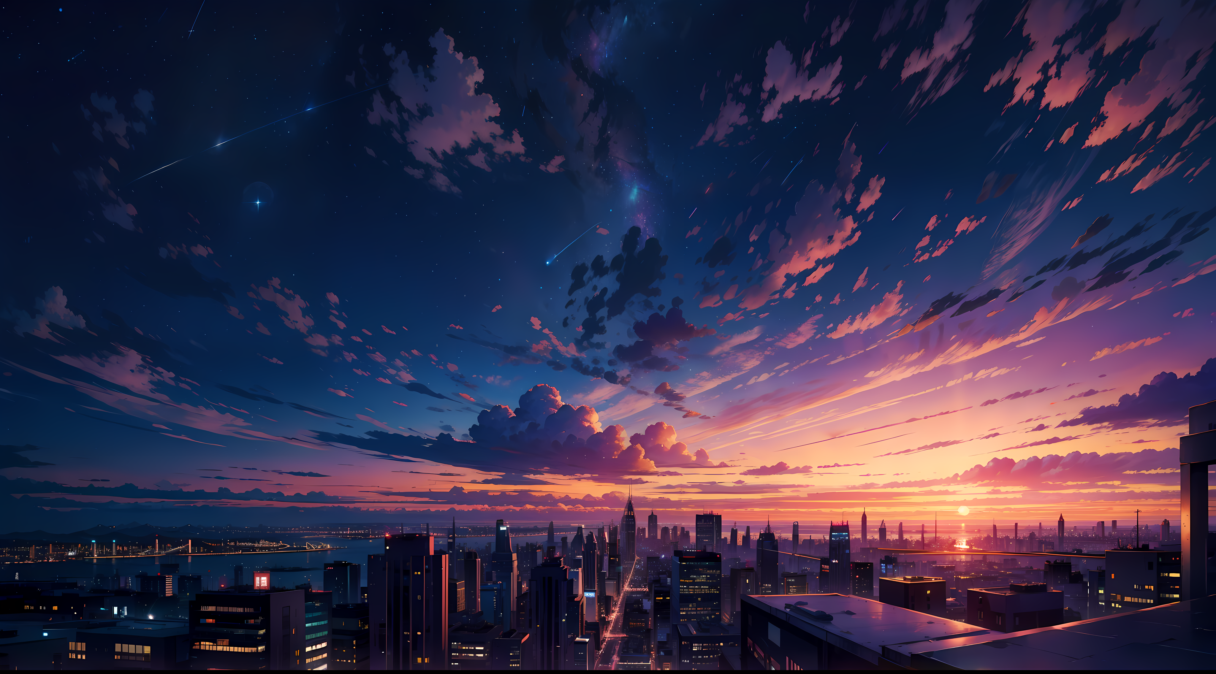 Anime City Lighting By Starry Sky Wallpaper On Desktop 919x Background, 3d  Dark Blue City With Light Reflection Background For Technology Concept 3d  Illustration Rendering, Hd Photography Photo, Render Background Image And