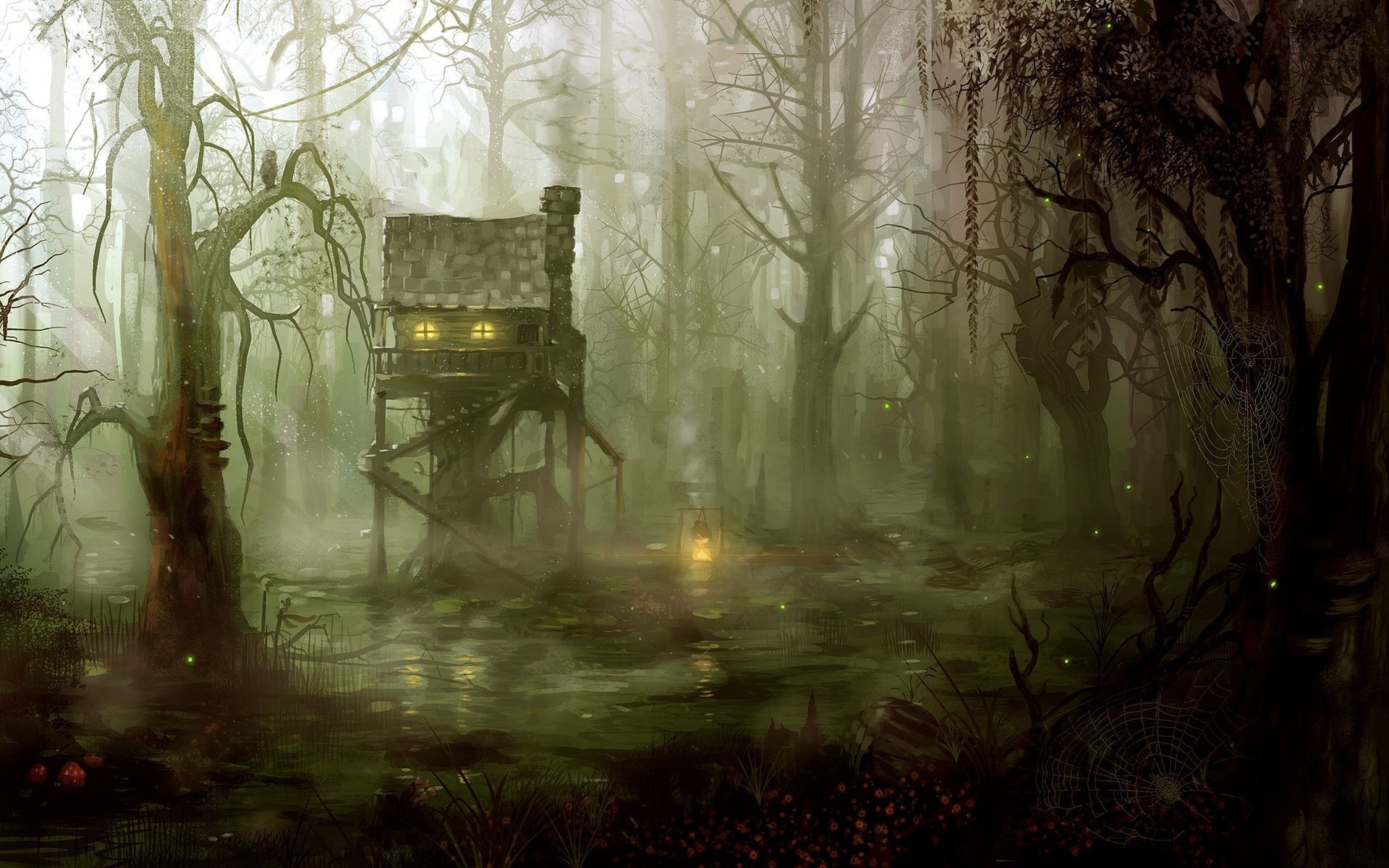 Painting Dark Spooky Architecture Buildings Houses Swamp Jungle Forest