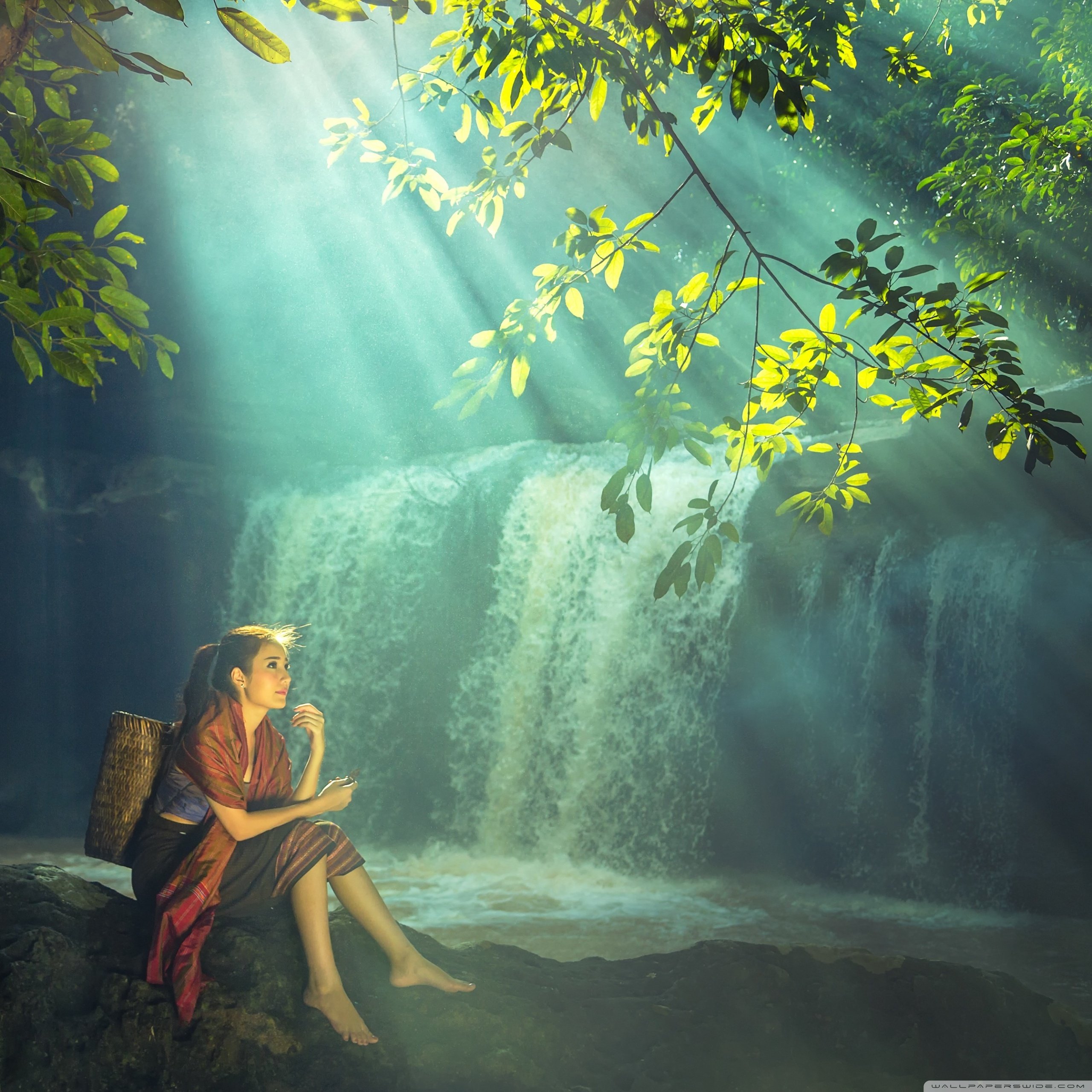 Beautiful Asian Girl Rainforest Waterfall 4K HD Desktop