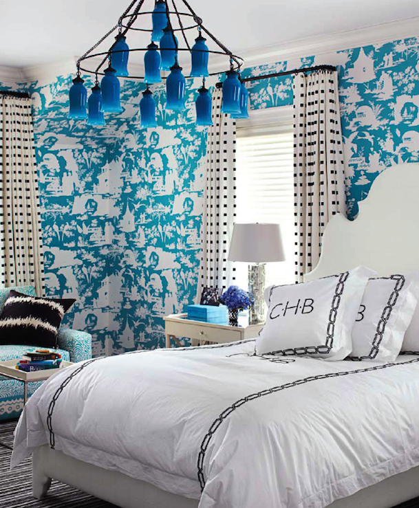 Turquoise Toile Wallpaper   Contemporary   bedroom   House Beautiful 609x739