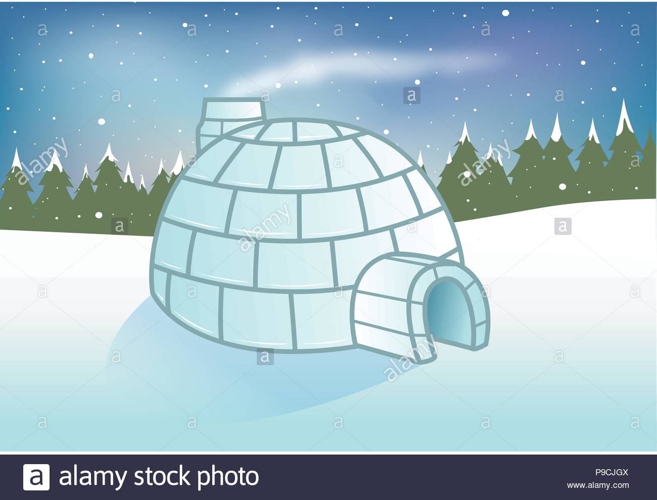 Cartoon Vector Illustration Of An Igloo Snowy Background Stock