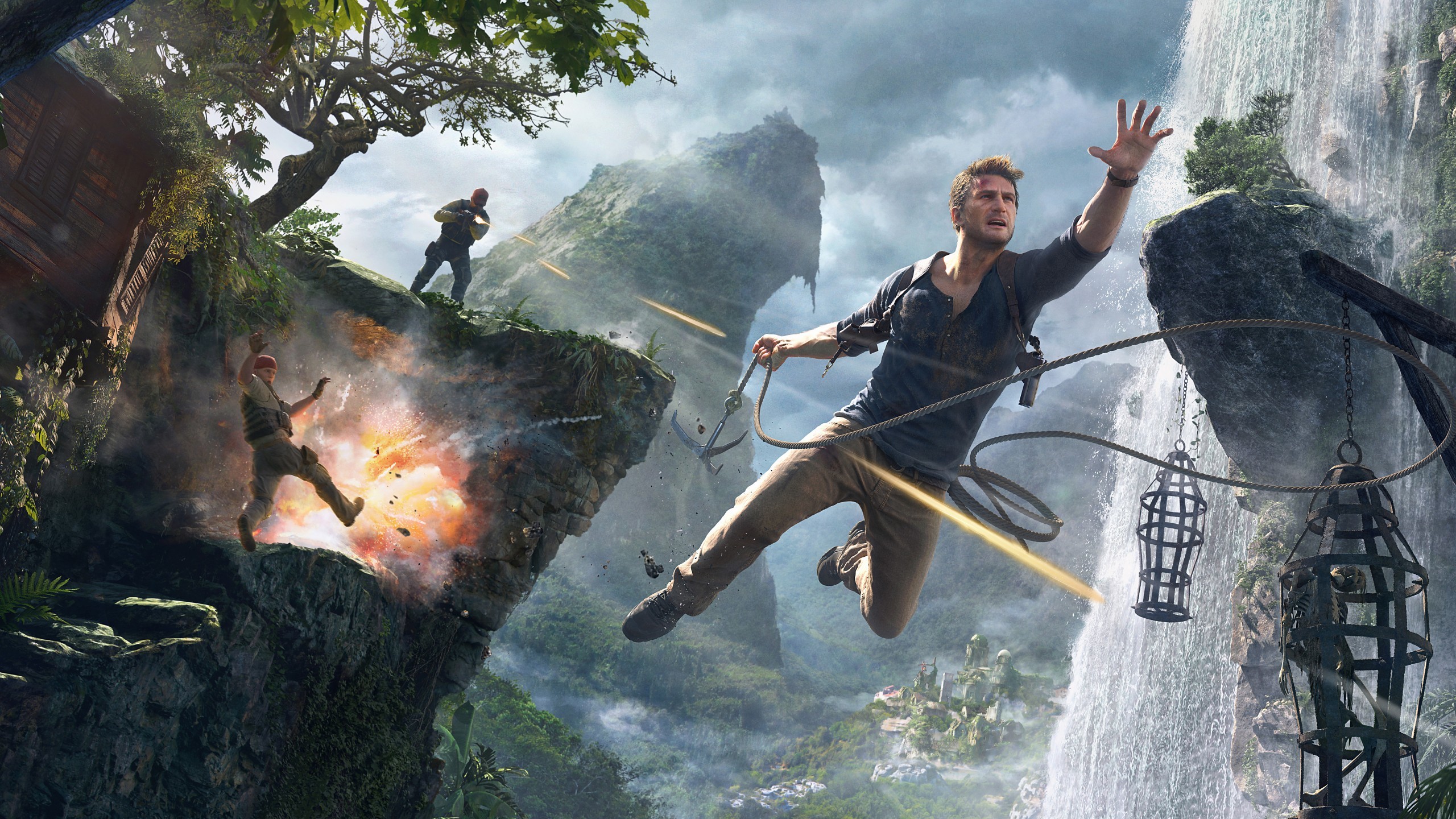 A man swings from a rope in a jungle setting, with explosions and other figures in the background, in a high-quality, 8K resolution wallpaper