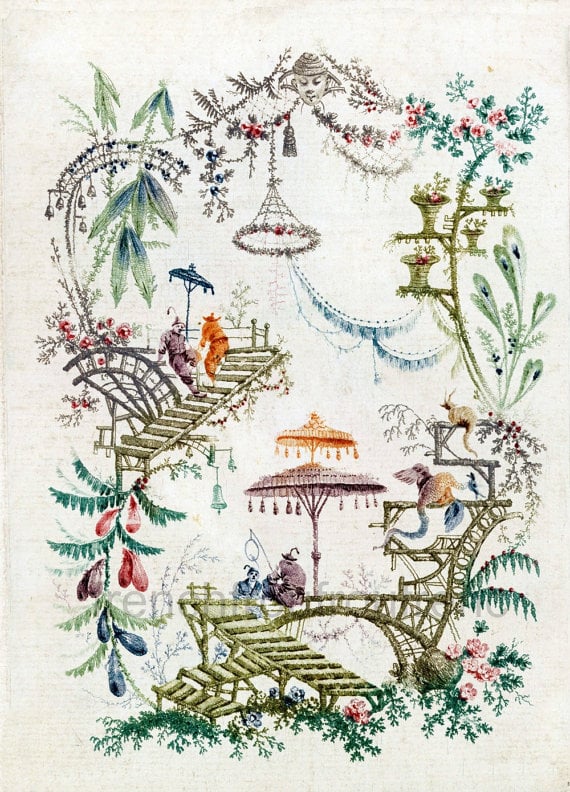 antique chinoiserie wallpaper illustration by FrenchFrouFrou 570x792