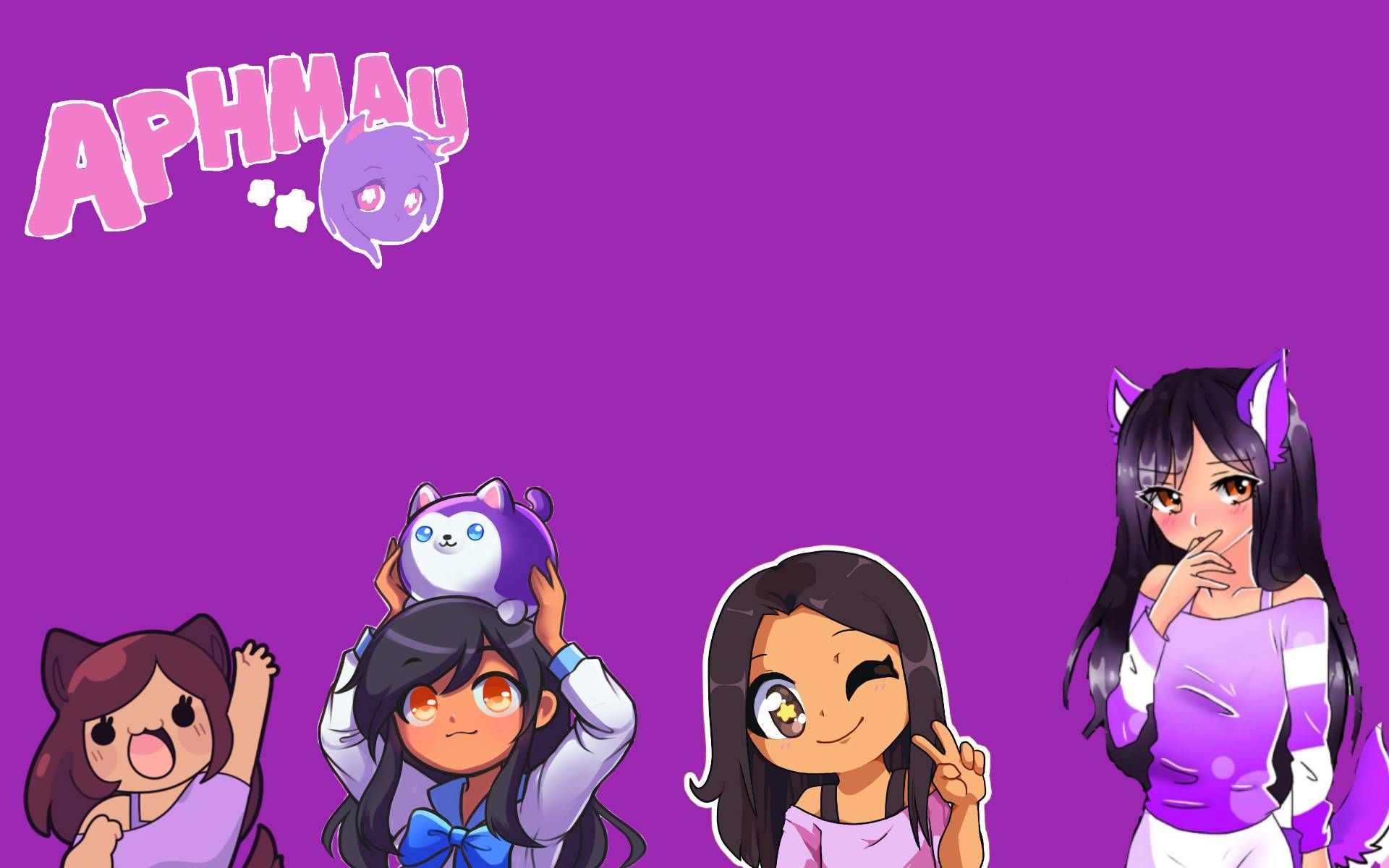 A vibrant collage featuring popular Aphmau characters against a purple backdrop. Perfect for Aphmau fans
