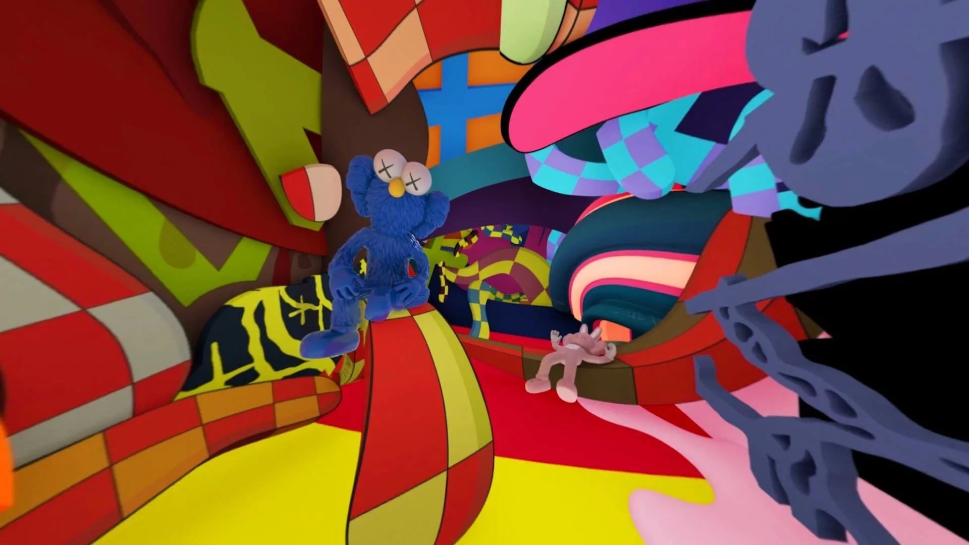 A vibrant and surreal digital artwork featuring KAWS Companion figures within a colorful, abstract landscape. The scene is dynamic and playful, showcasing the iconic 'XX' eyes and the artist's signature style