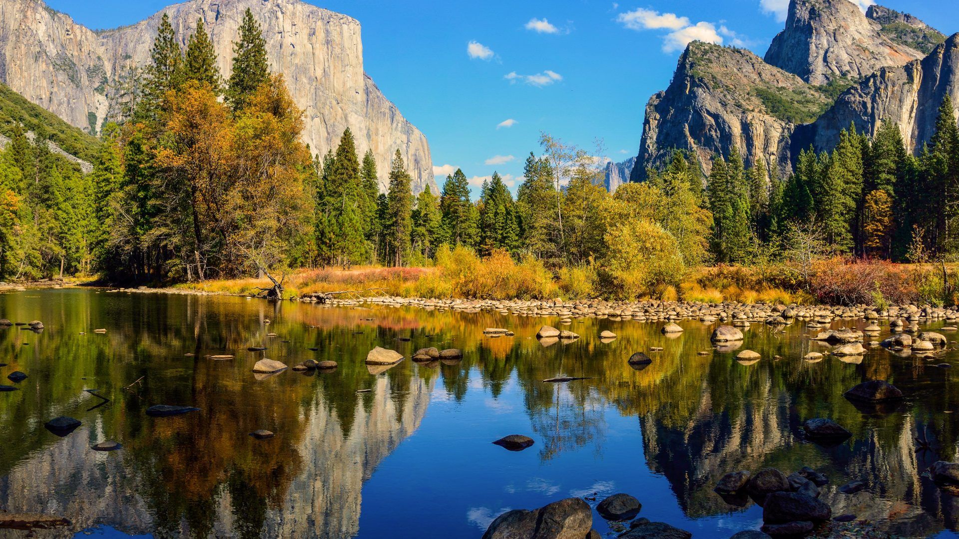 Yosemite Valley Autumn Reflection River Water Firs Trees National